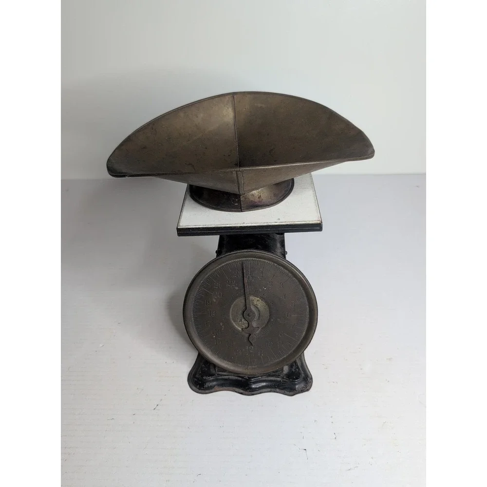 Antique Vtg 1906 Slanting Dial 24 Lb Balance Scale with Ceramic Top Brass Basket